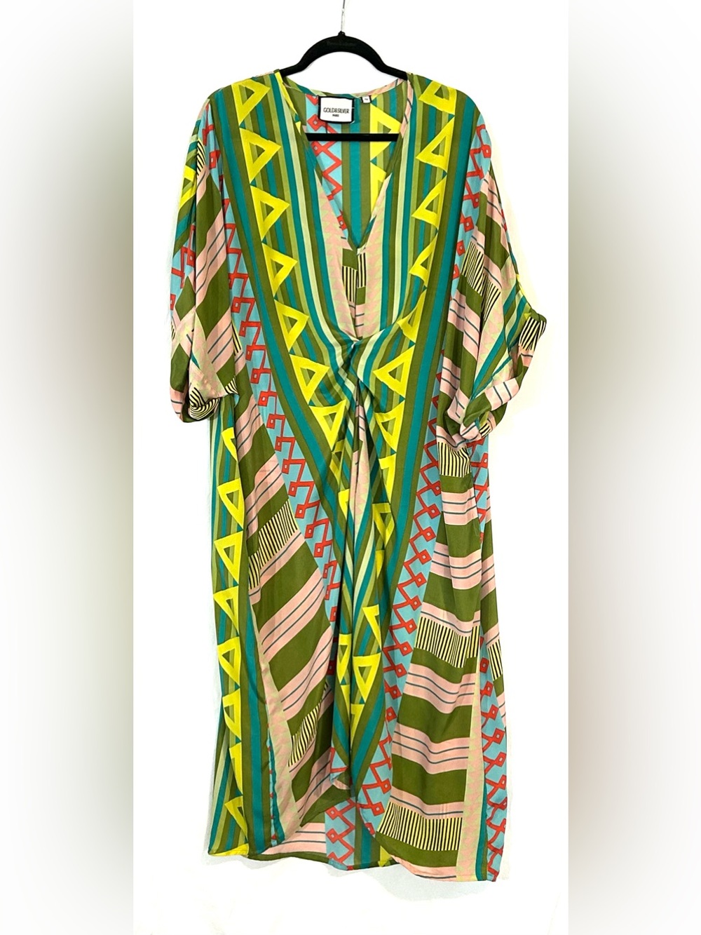Gold & Silver Paris V-Neck Gathered Geometric Print Dress Caftan Multi-colors OS